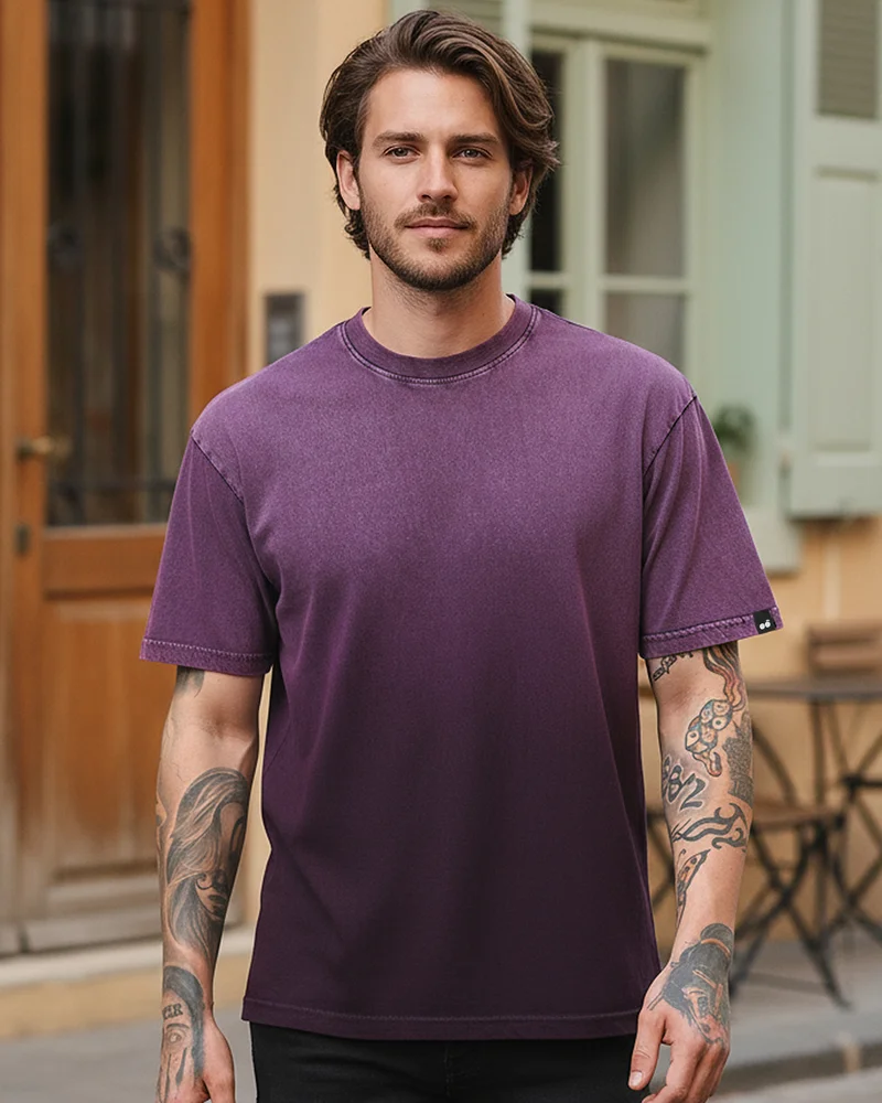 بيواكوف Men's Plum Purple Oversized Ombre Acid Wash T-shirt